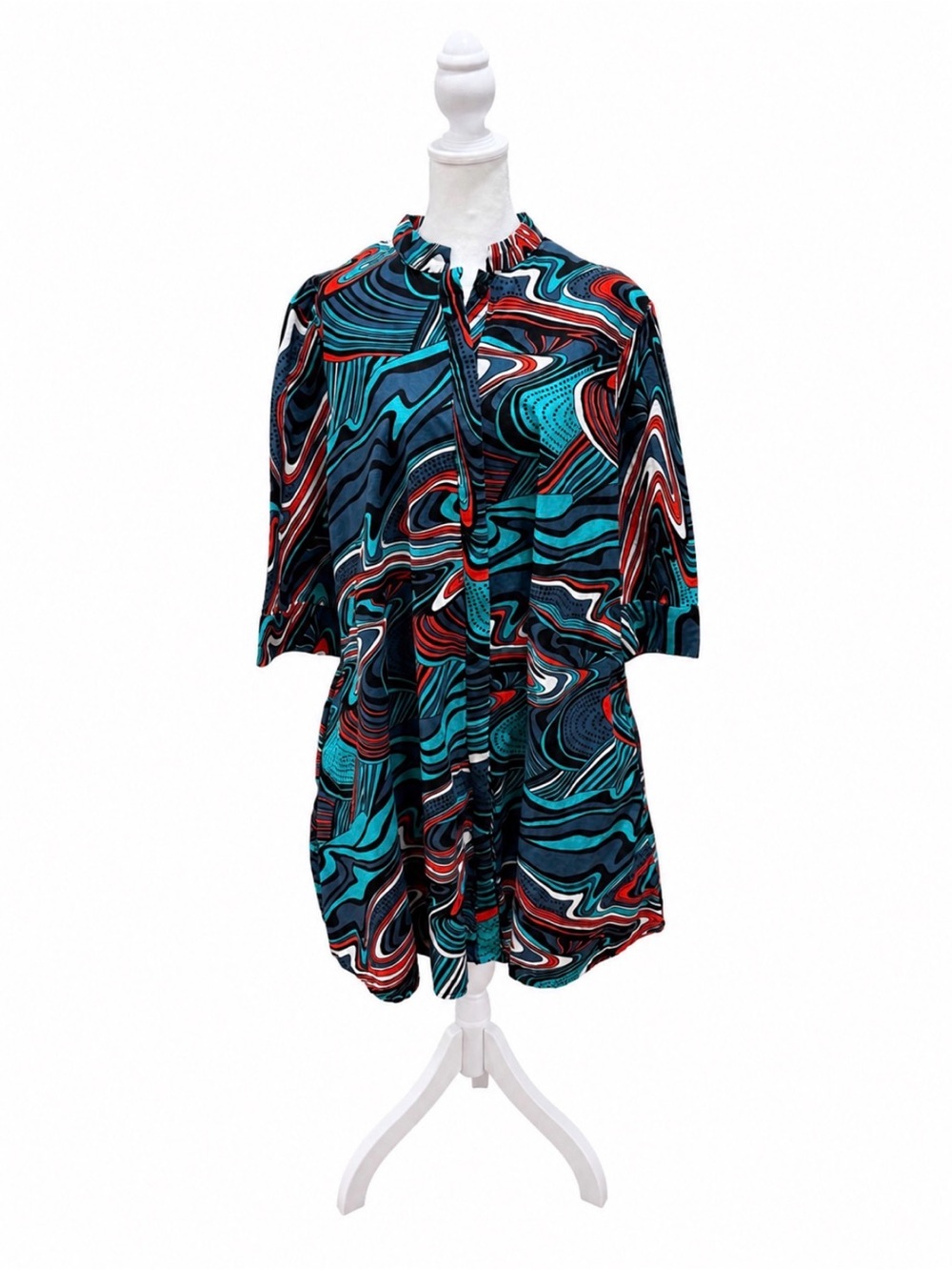 Zuri Kenya Wave-Print Women's Dress in Teal & Red